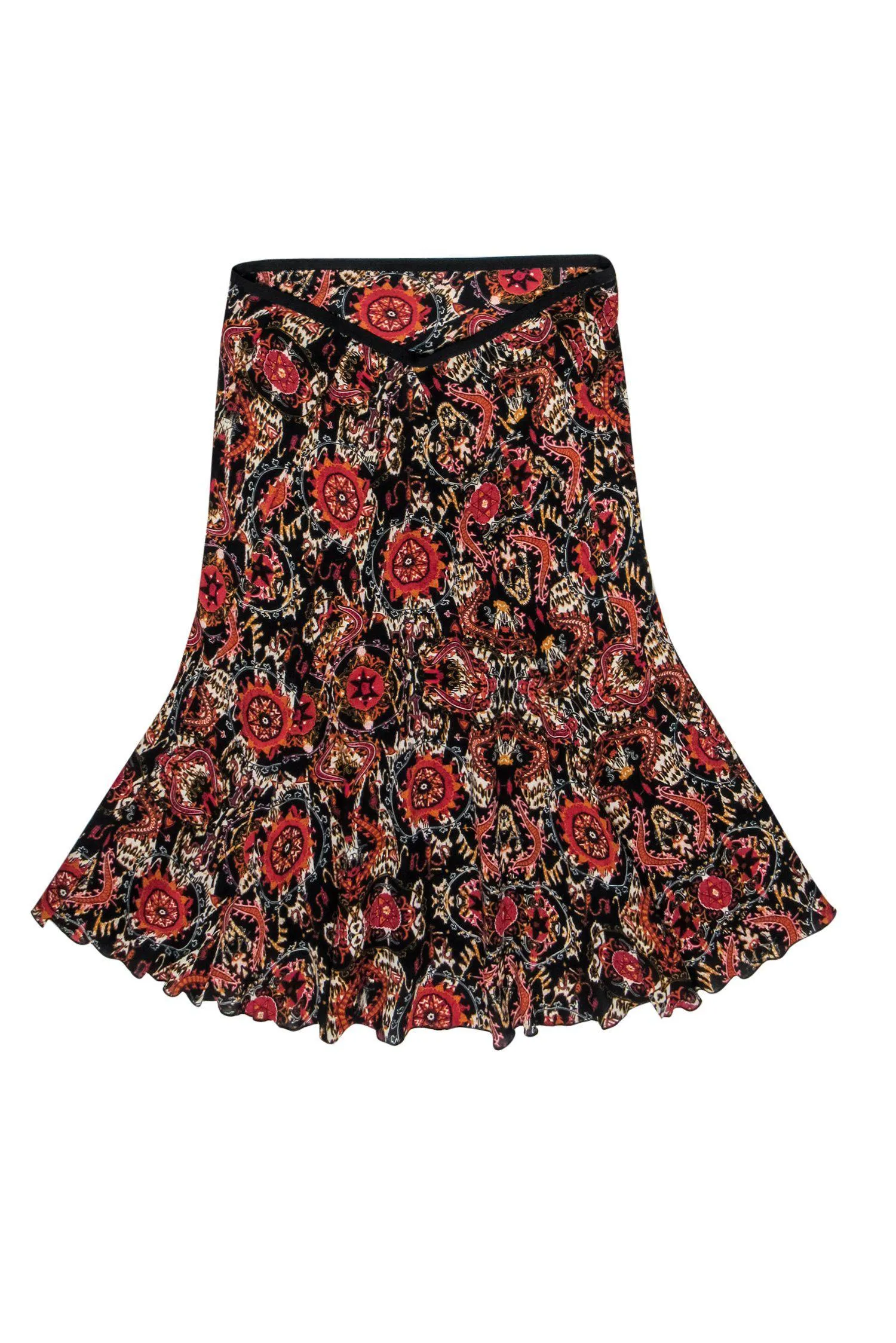 Diane von Furstenberg - Black, Red & Orange Bohemian Print Silk Midi Skirt Sz 6