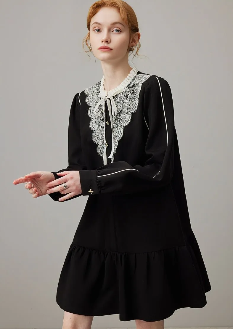 EMBROIDERED A-LINE LOOSE BLACK DRESS