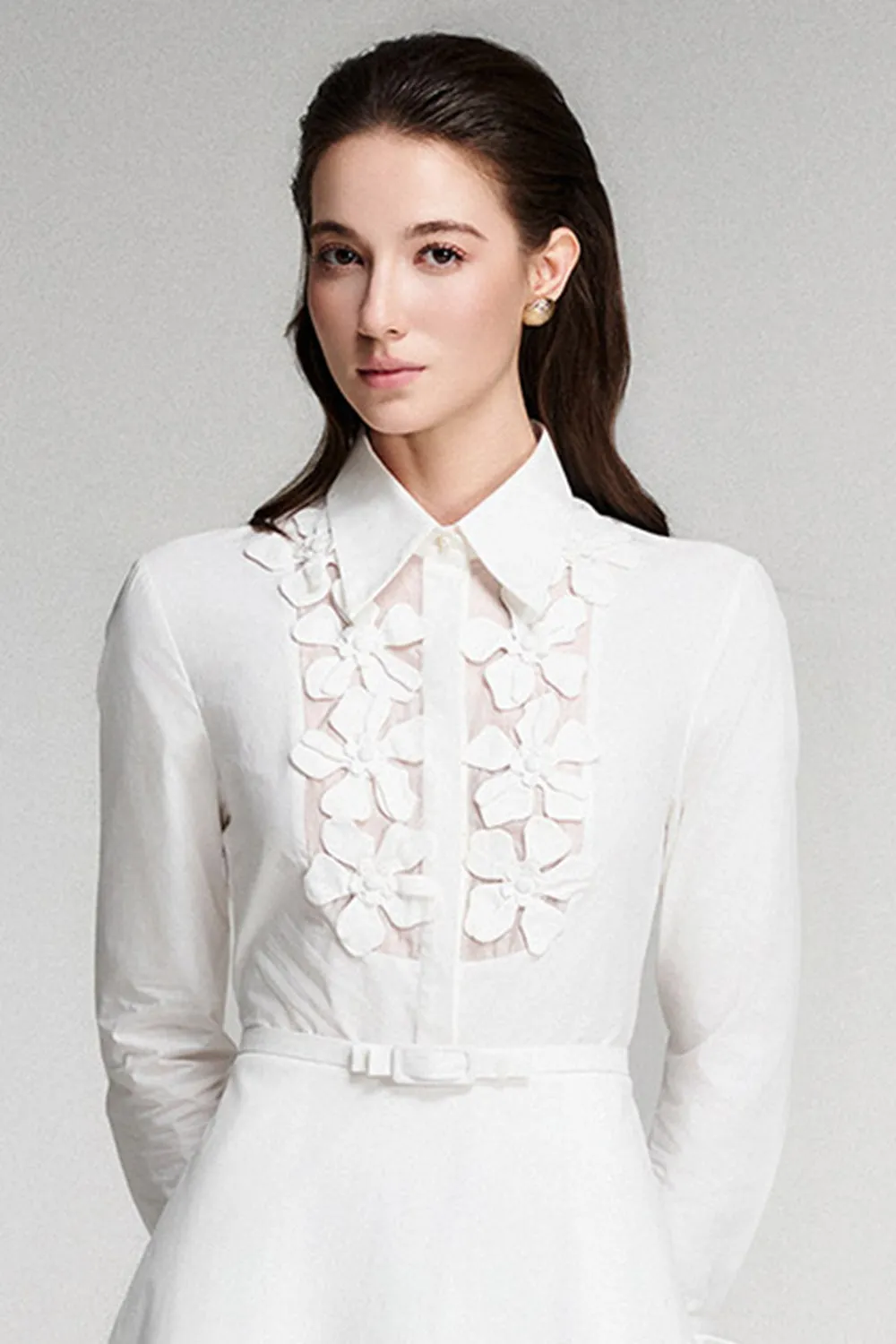 Ivory A-line Flower Applique Cotton Midi Dress