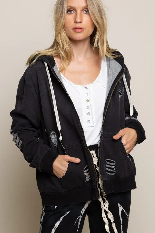 POL Washed Distressed Zip-up Hoodie - Assorted Colors