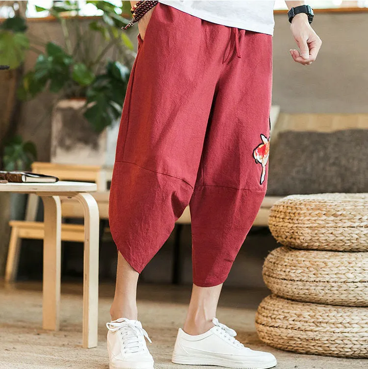 Summer Carp Embroidery Jogger Pants Japanese Style
